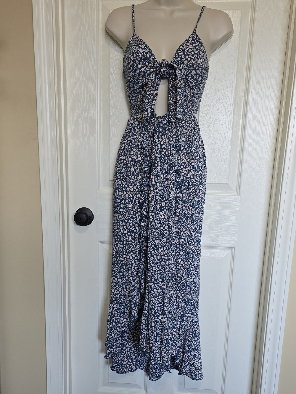 Floral Tie-Front Teal Blue Maxi Dress